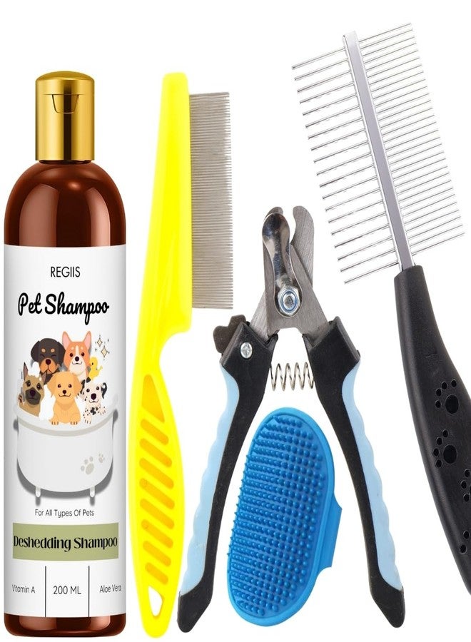 مجموعة ريجيس للعناية بالحيوانات الأليفة مع شامبو لإزالة الشعر الزائد، مقص أظافر احترافي، أمشاط معدنية، فرشاة تدليك، 200 مل (عبوة من 5 قطع) - Image 1